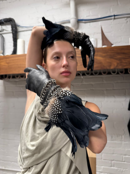 Alexander McQueen Genuine Feathers/Chain Mail Leather Gloves