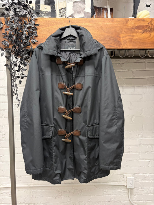 Vintage Gucci Flat Black Toggle Closure Shell Duffle Coat