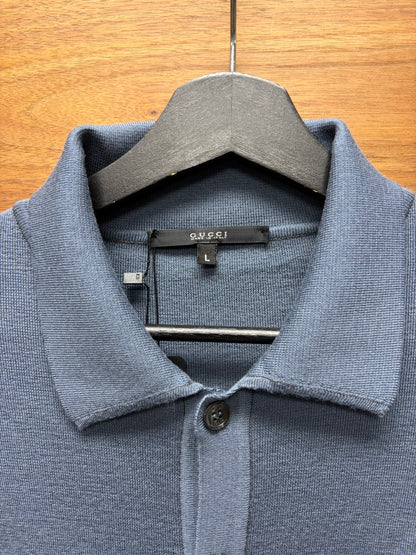 Gucci Blue Collared Knit Cardigan Sweater with ‘G’ Embroidered Logo
