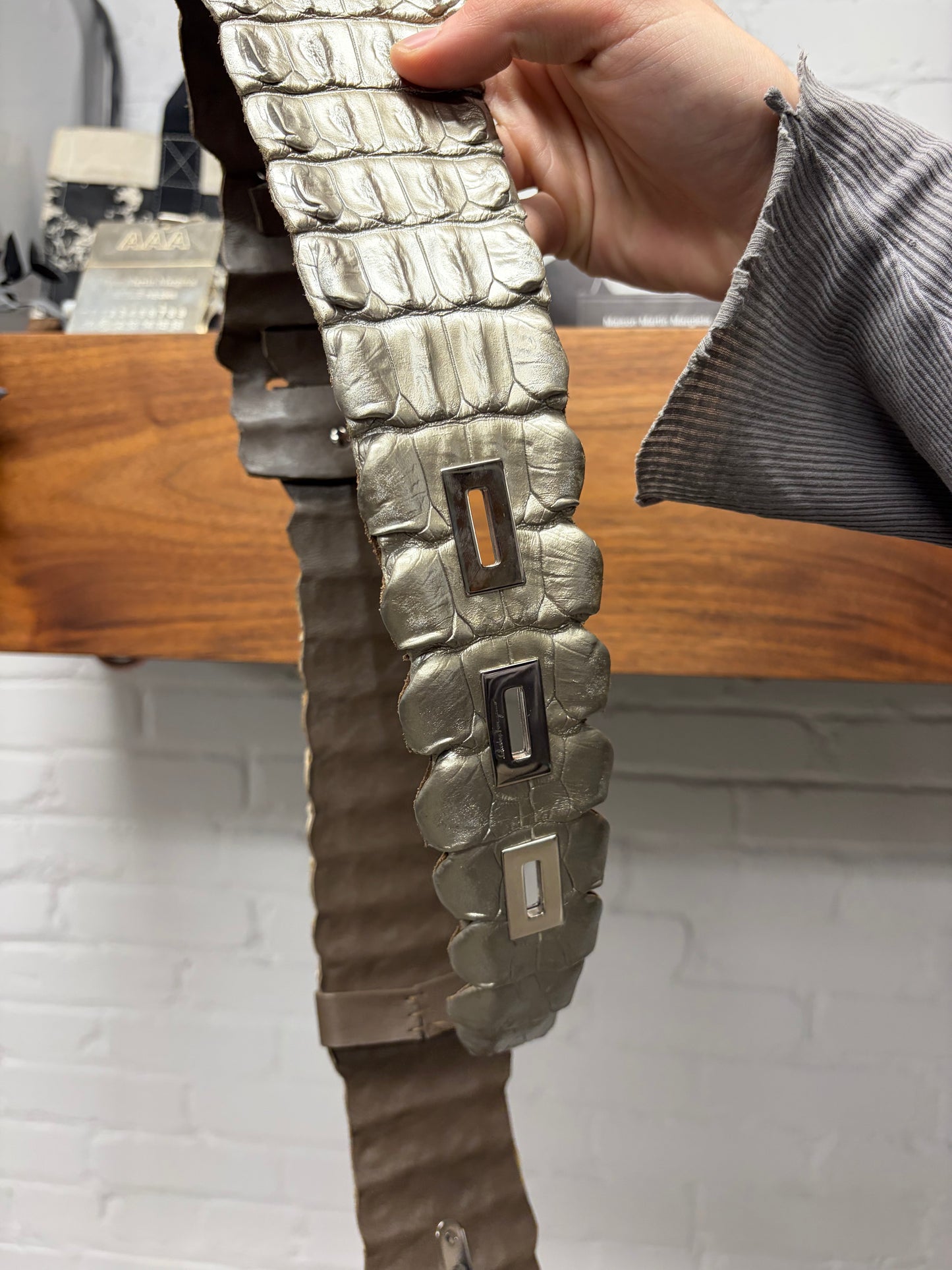 Ferragamo Genuine Crocodile Leather Silver Coated Belt