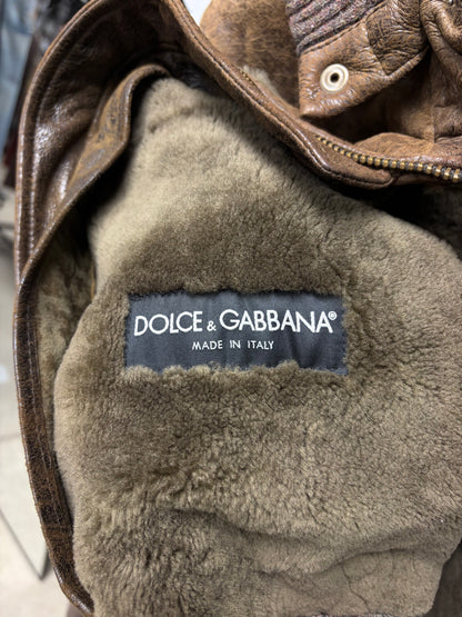 AW2006 Dolce & Gabbana Mainline Brown Rabbit Fur Lined Leather Hooded Bomber Jacket