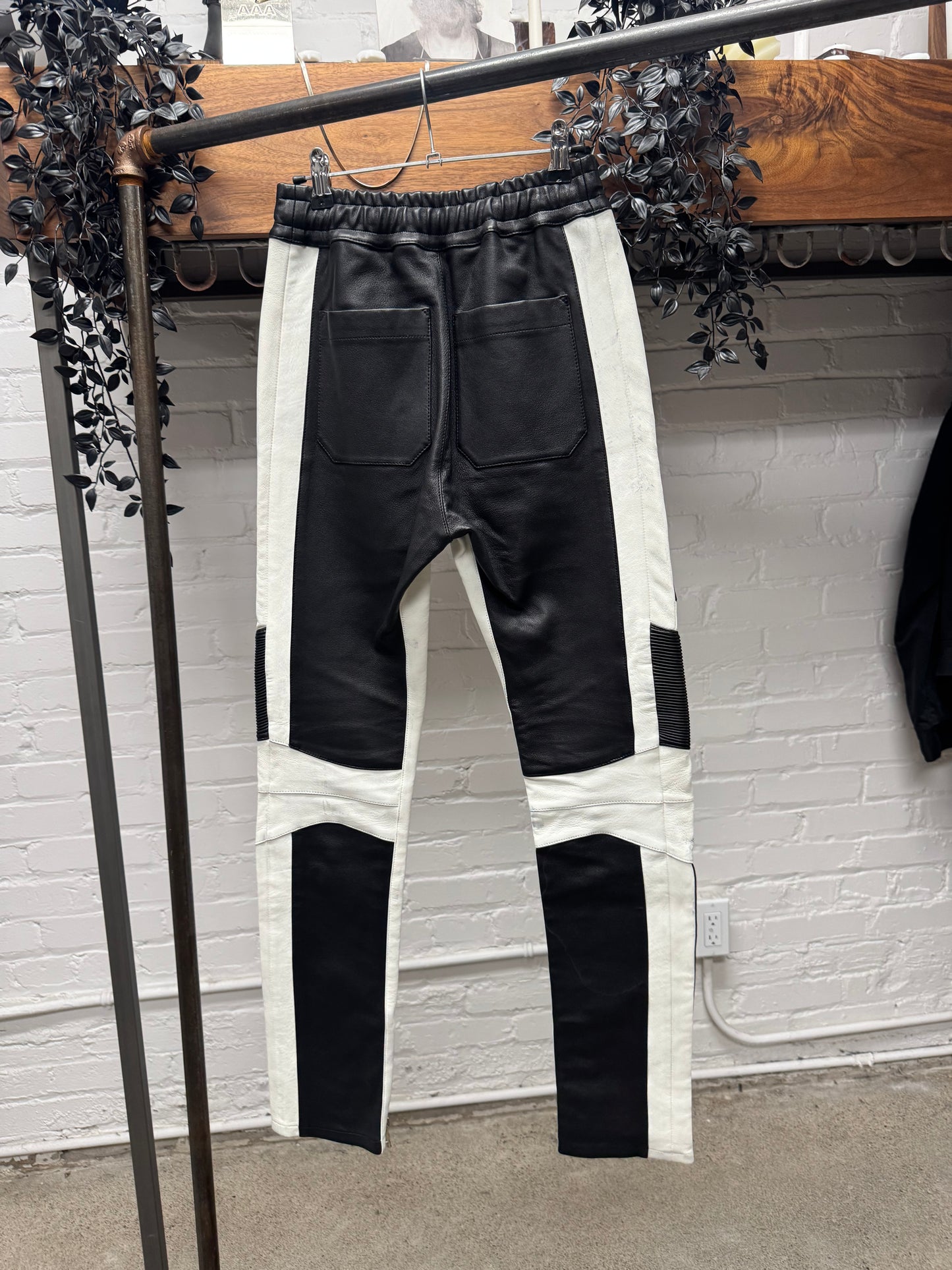 Balmain Pleated Black/White Leather Panelled Biker Pants