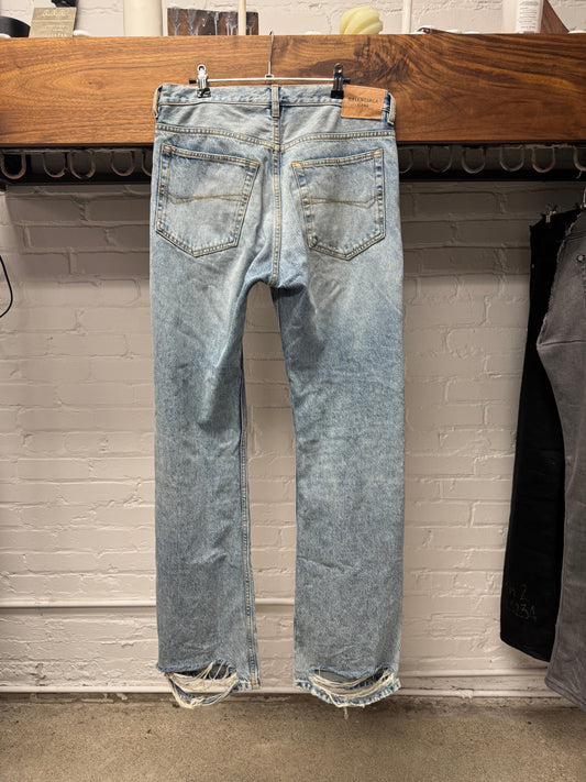 Balenciaga ‘Japanese Organic Twill’ Light Wash Blue Heelbite Flared Jeans