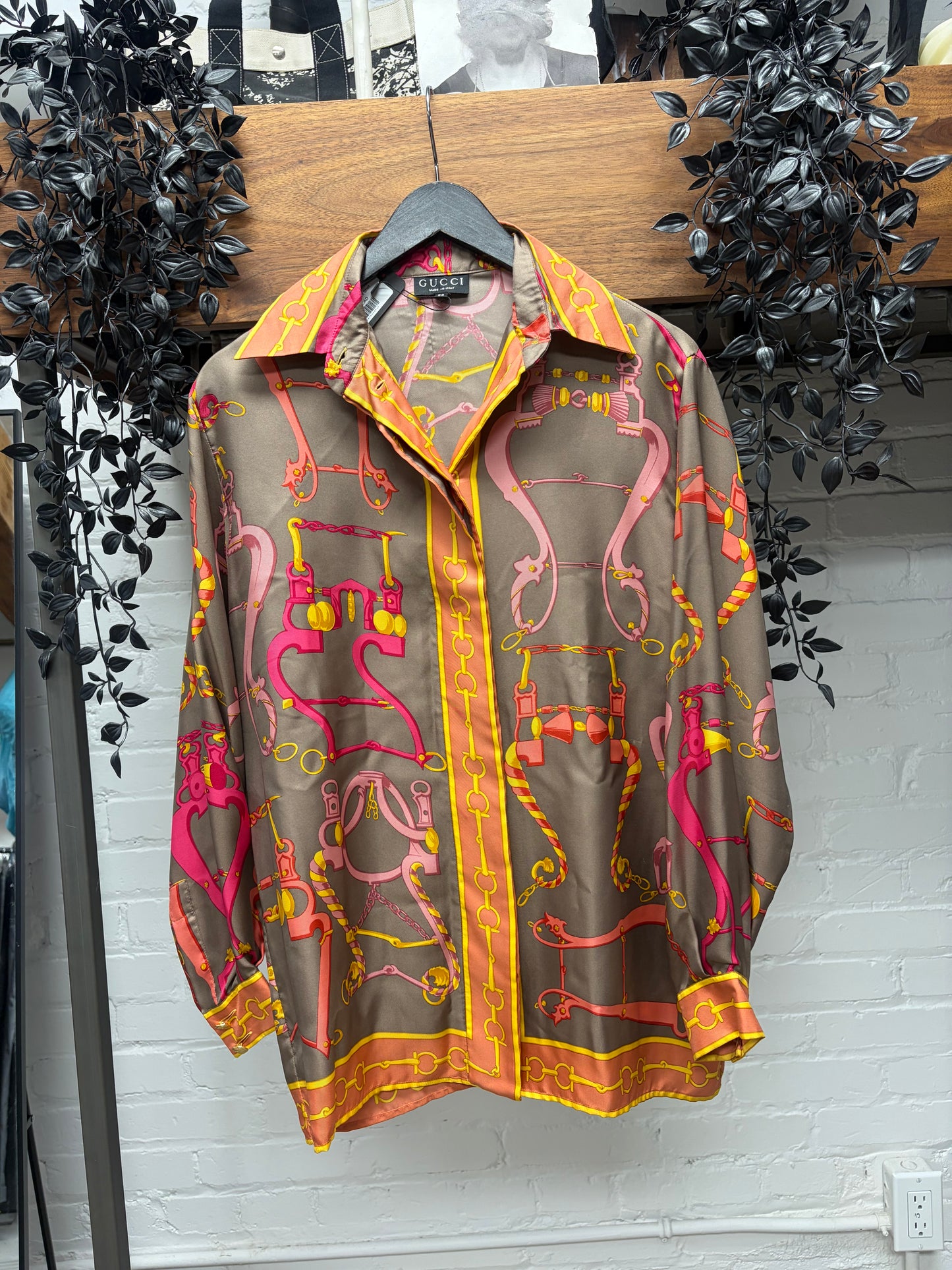 Vintage 80s Gucci Silk Horsebit Patterned Full Print Shirt