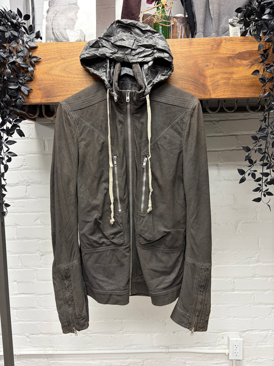 SS2015 Rick Owens ‘Faun’ Blistered Lambskin Leather Dust Military Inspired Jacket with Packable Hood