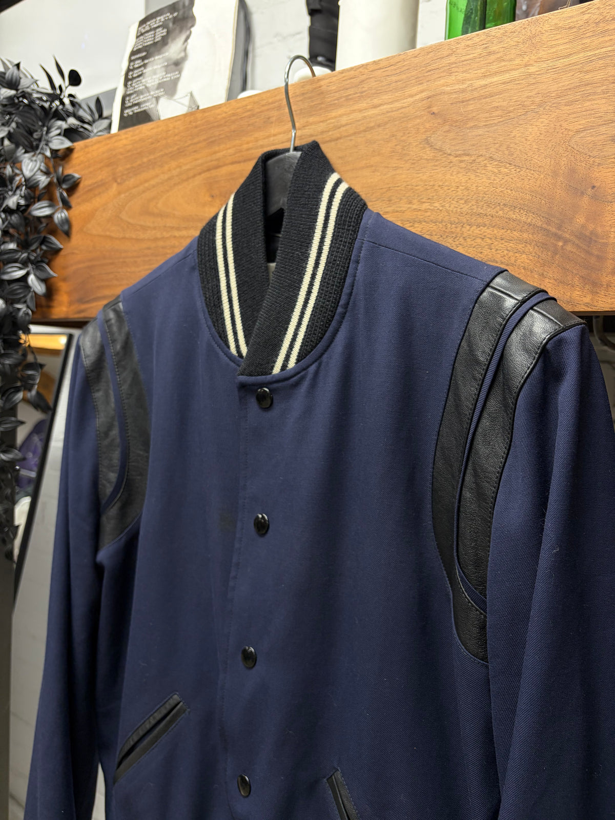 2015 Saint Laurent by Hedi Slimane Navy/Black Cotton/Leather Teddy Bomber Jacket