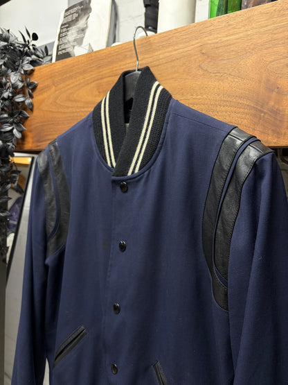 2015 Saint Laurent by Hedi Slimane Navy/Black Cotton/Leather Teddy Bomber Jacket