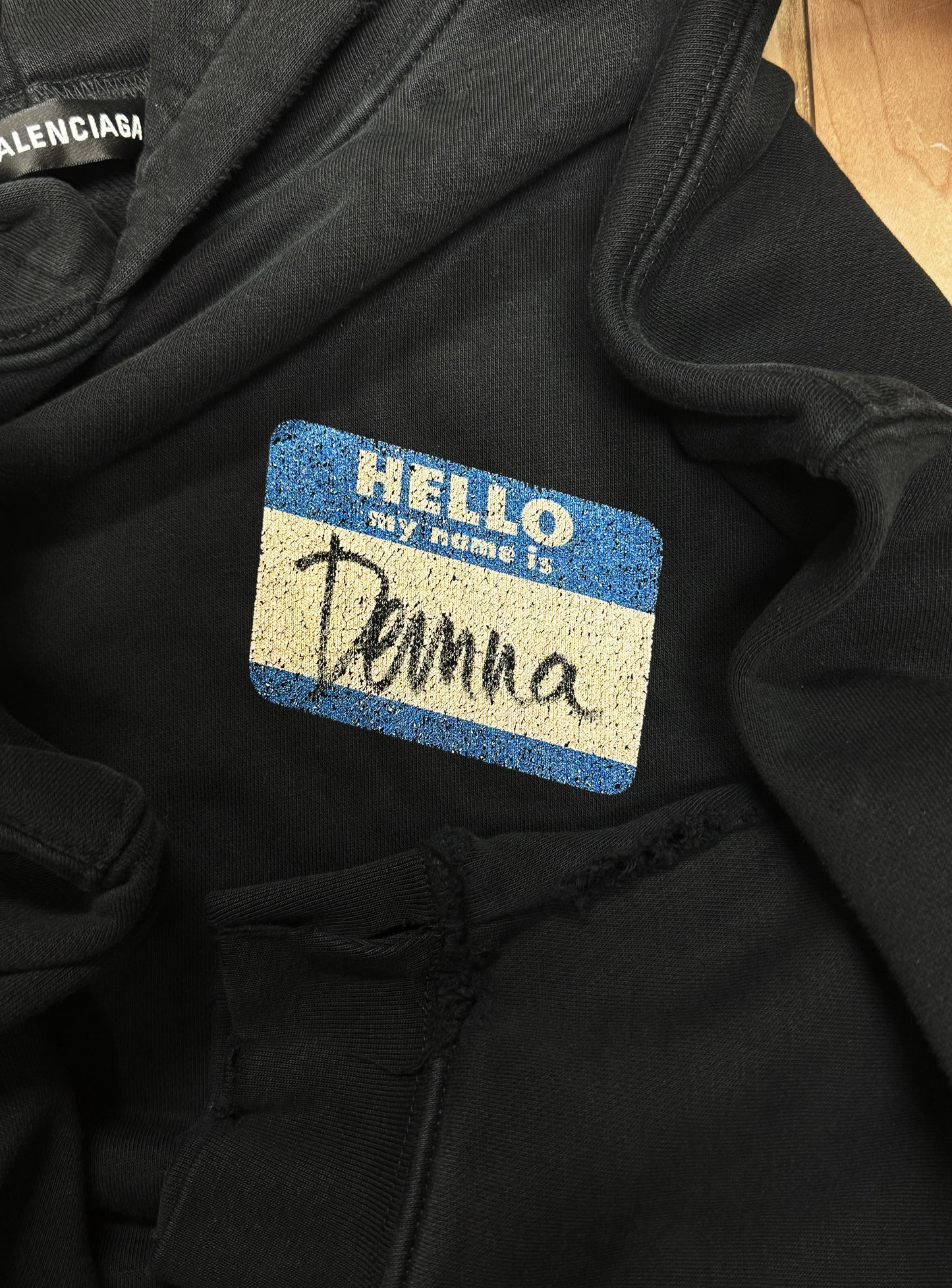 SS2020 Balenciaga ‘Nametag’ Distressed Black Hoodie