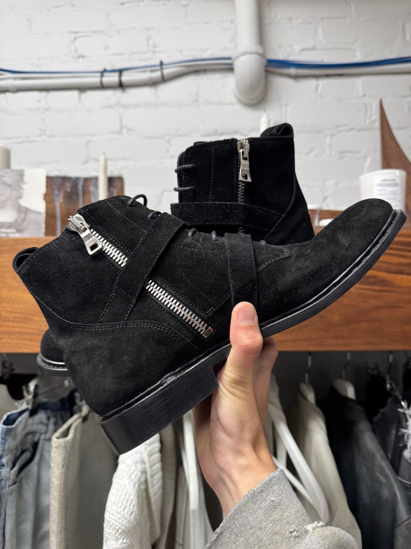 Balmain ‘Double Buckle’ Black Suede Combat Boots