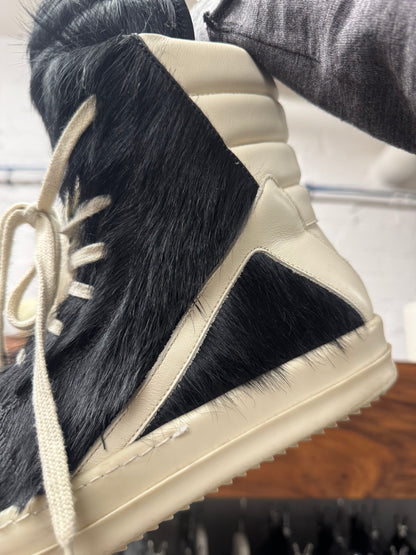 Rick Owens Black Pony-Hair ‘Geobasket’ High Top Sneakers