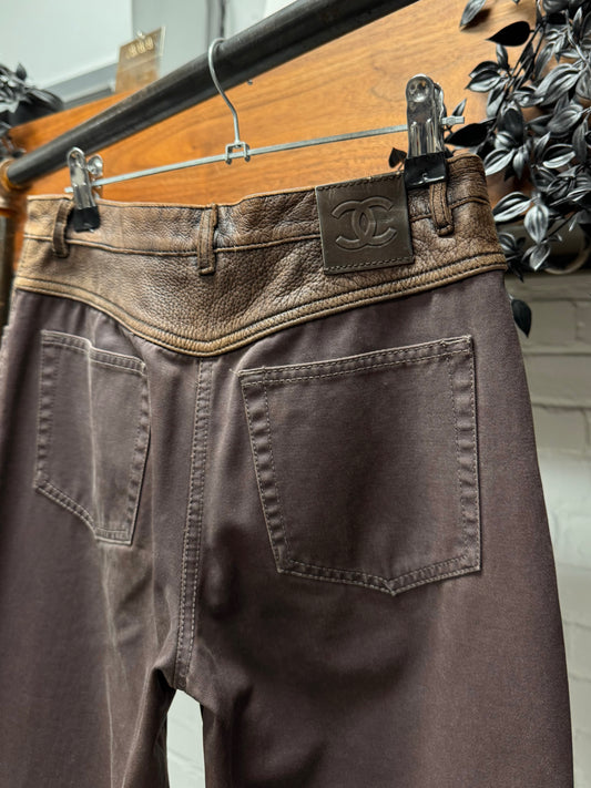 AW2001 Chanel ‘Leather Insert’ Low Rise Brown Flared Denim