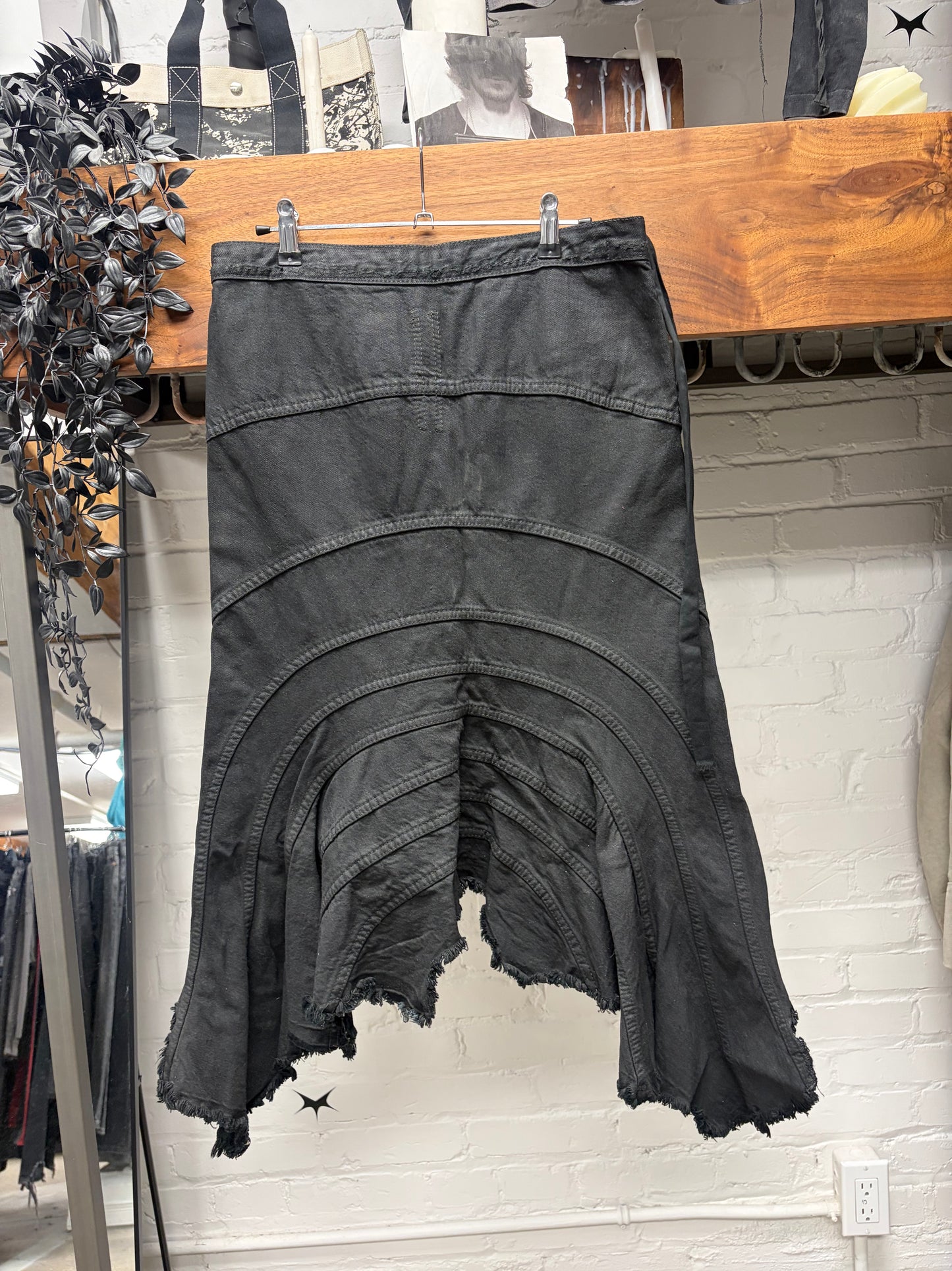 2005 Rick Owens Waxed Black ‘Waterfall’ Raw Hem Denim Midi Skirt