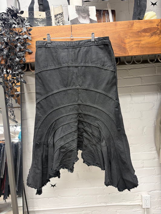 2005 Rick Owens Waxed Black ‘Waterfall’ Raw Hem Denim Midi Skirt