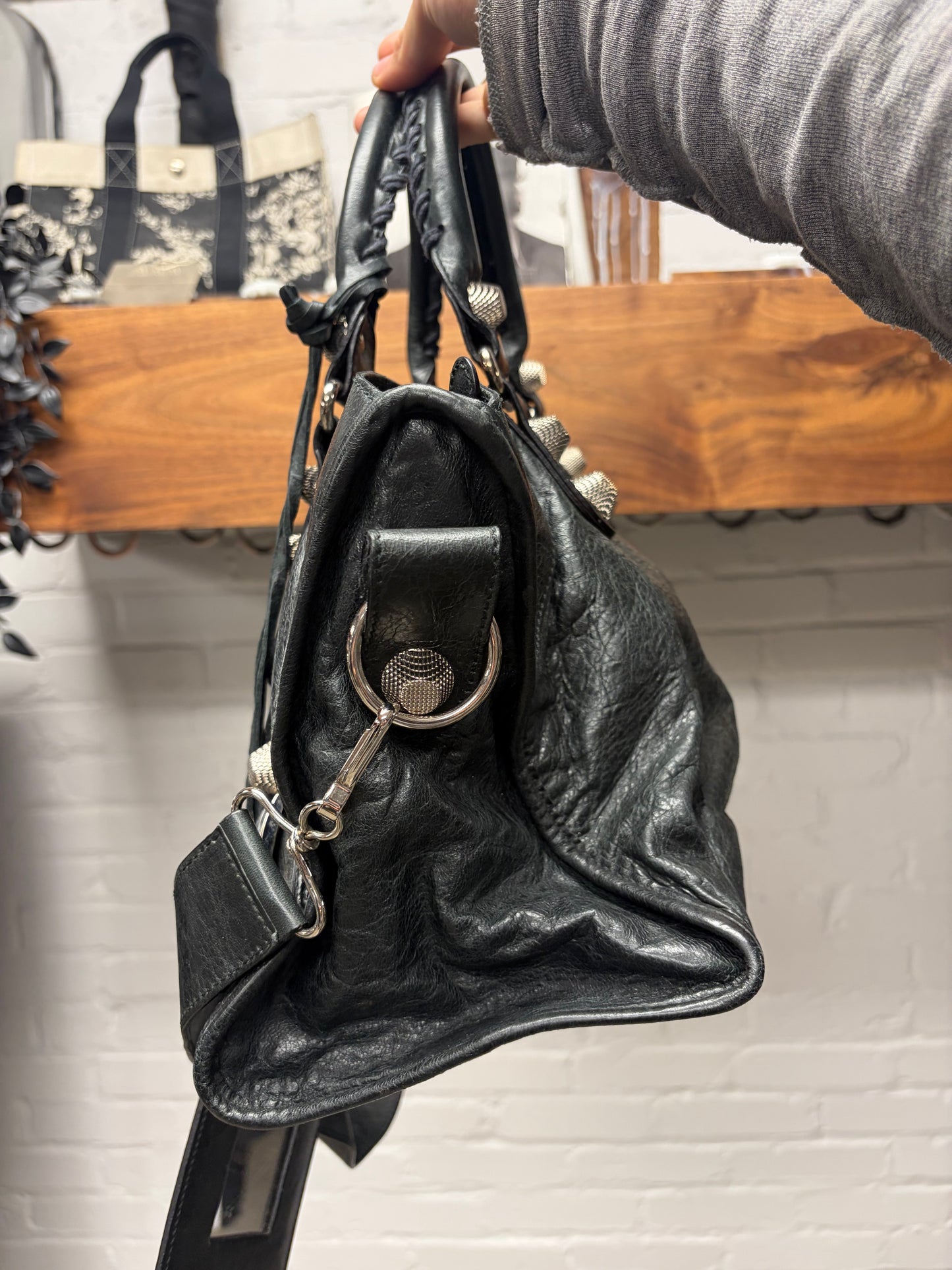 Balenciaga Black Leather ‘Giant City Bag’ with Silver Hardware and Crossbody Strap