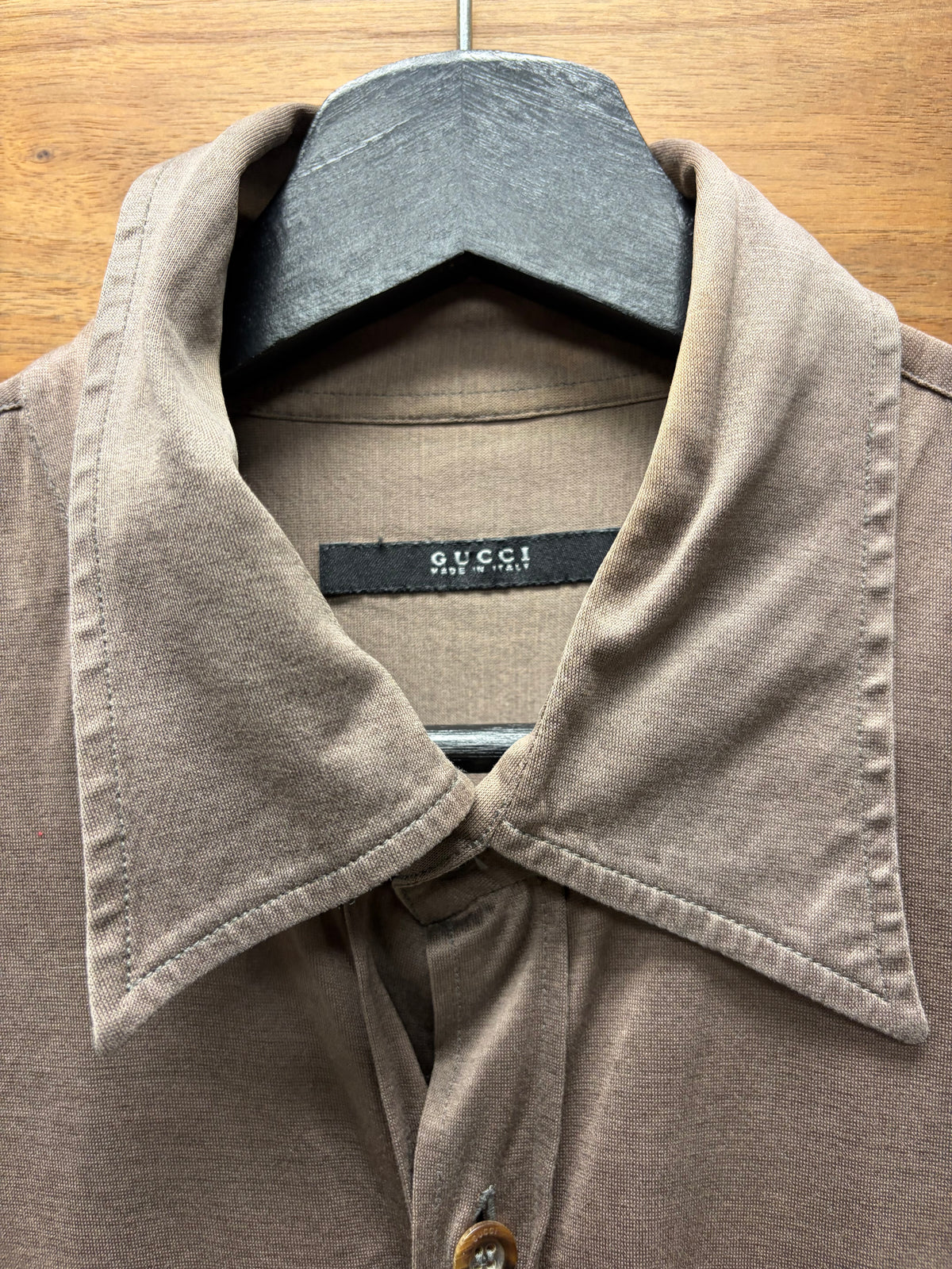 Gucci by Frida Giannini ‘Glossy Cotton’ Brown Military Inspired Button Up Shirt