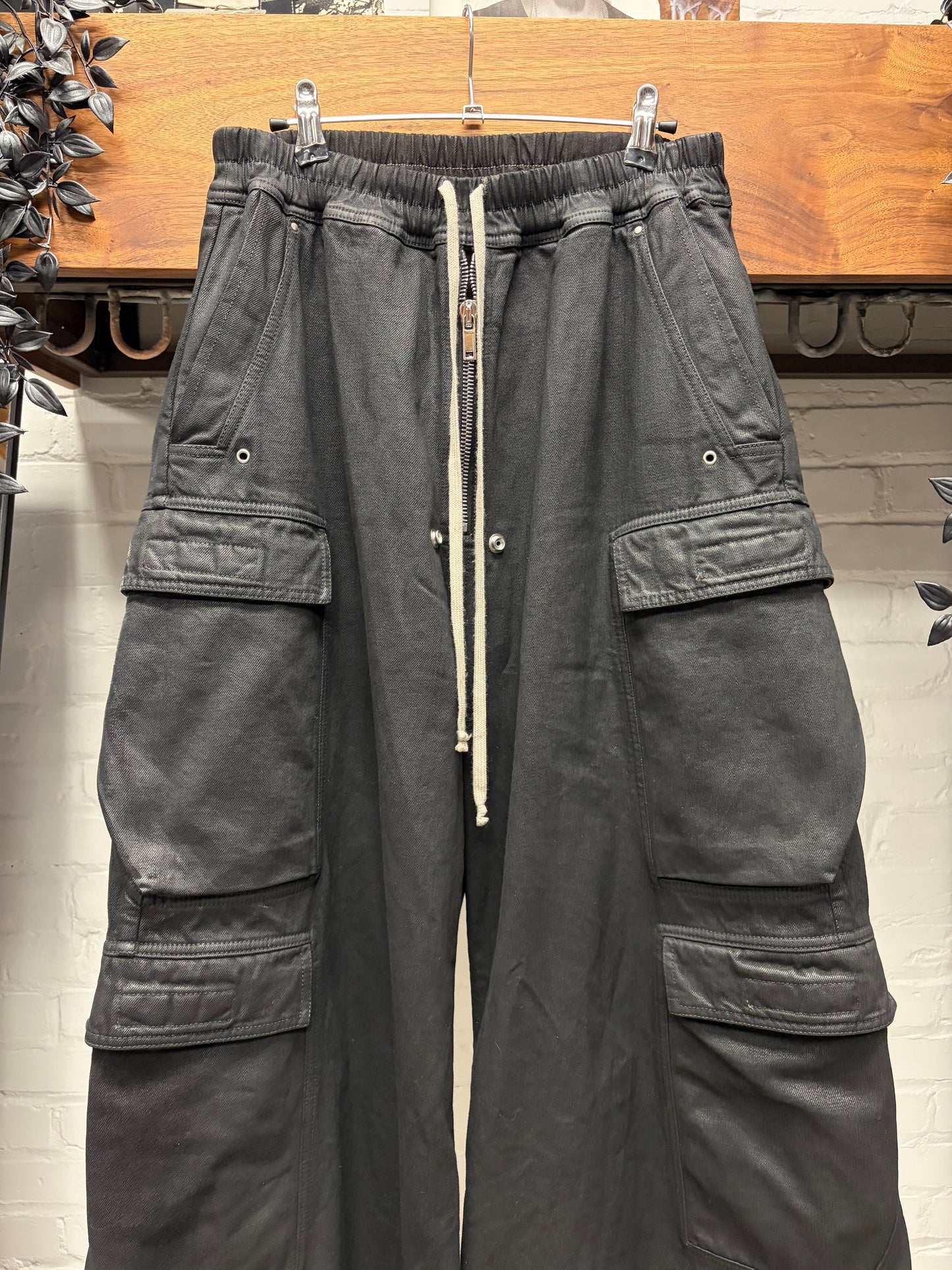 Rick Owens ‘Cargo Bela’ Waxed Black Heavyweight Pants
