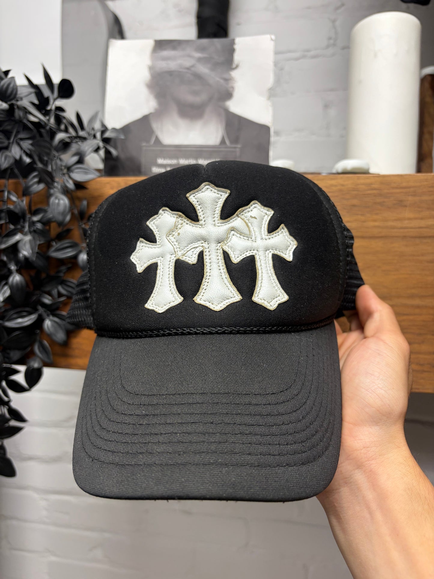 Vintage 90s Chrome Hearts Black/White Leather ‘Cemetery’ Cross Patch Trucker Hat
