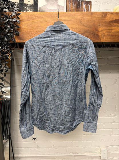 Saint Laurent Pearl Button Snap Blue Denim Shirt