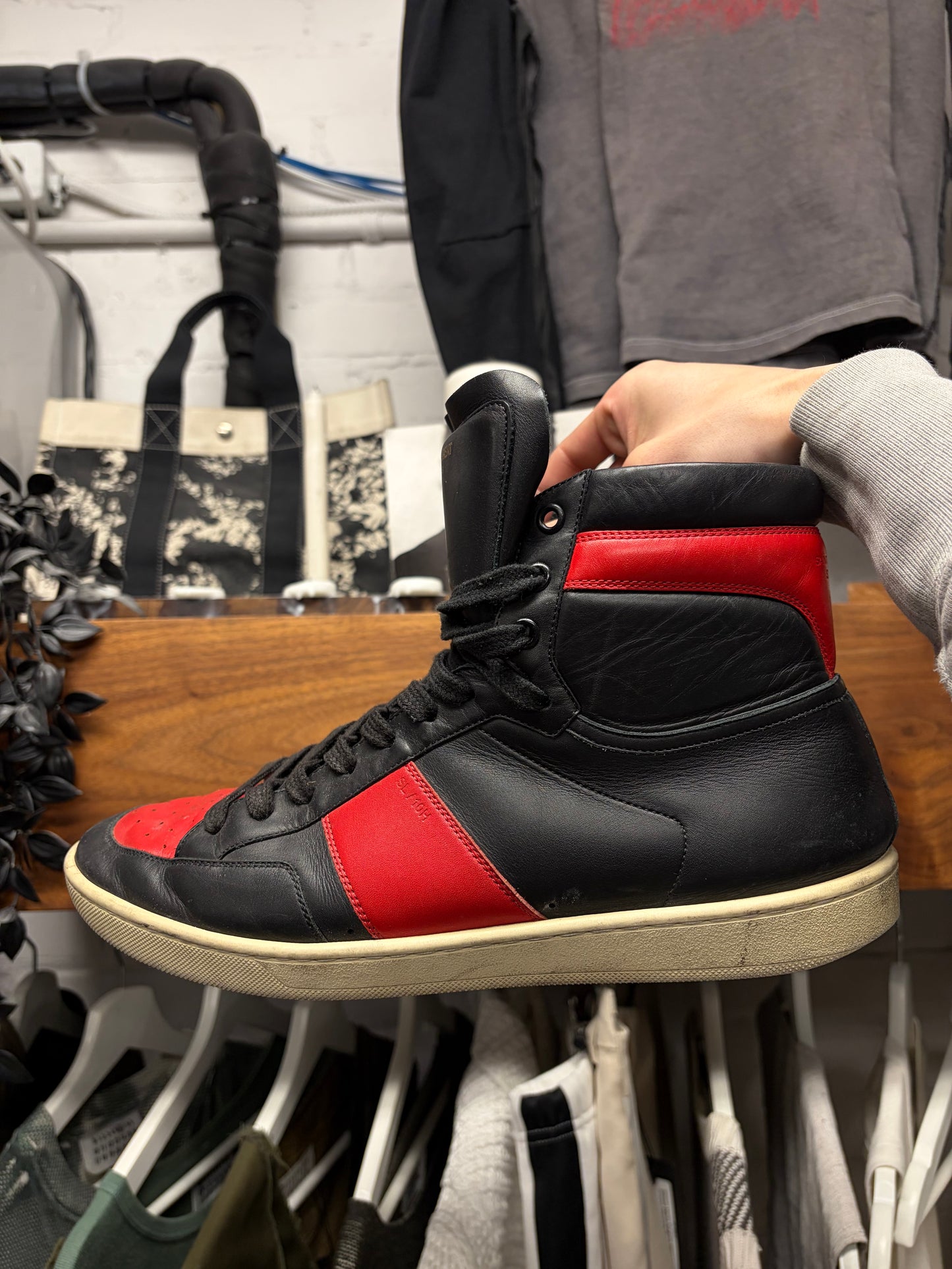 Saint Laurent ‘SL/10H’ Black/Red Leather Court High Top Sneakers