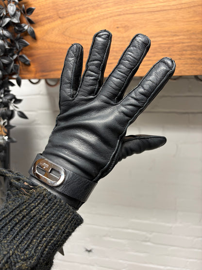 Gucci GG Silver Cuff Logo Black Leather Gloves
