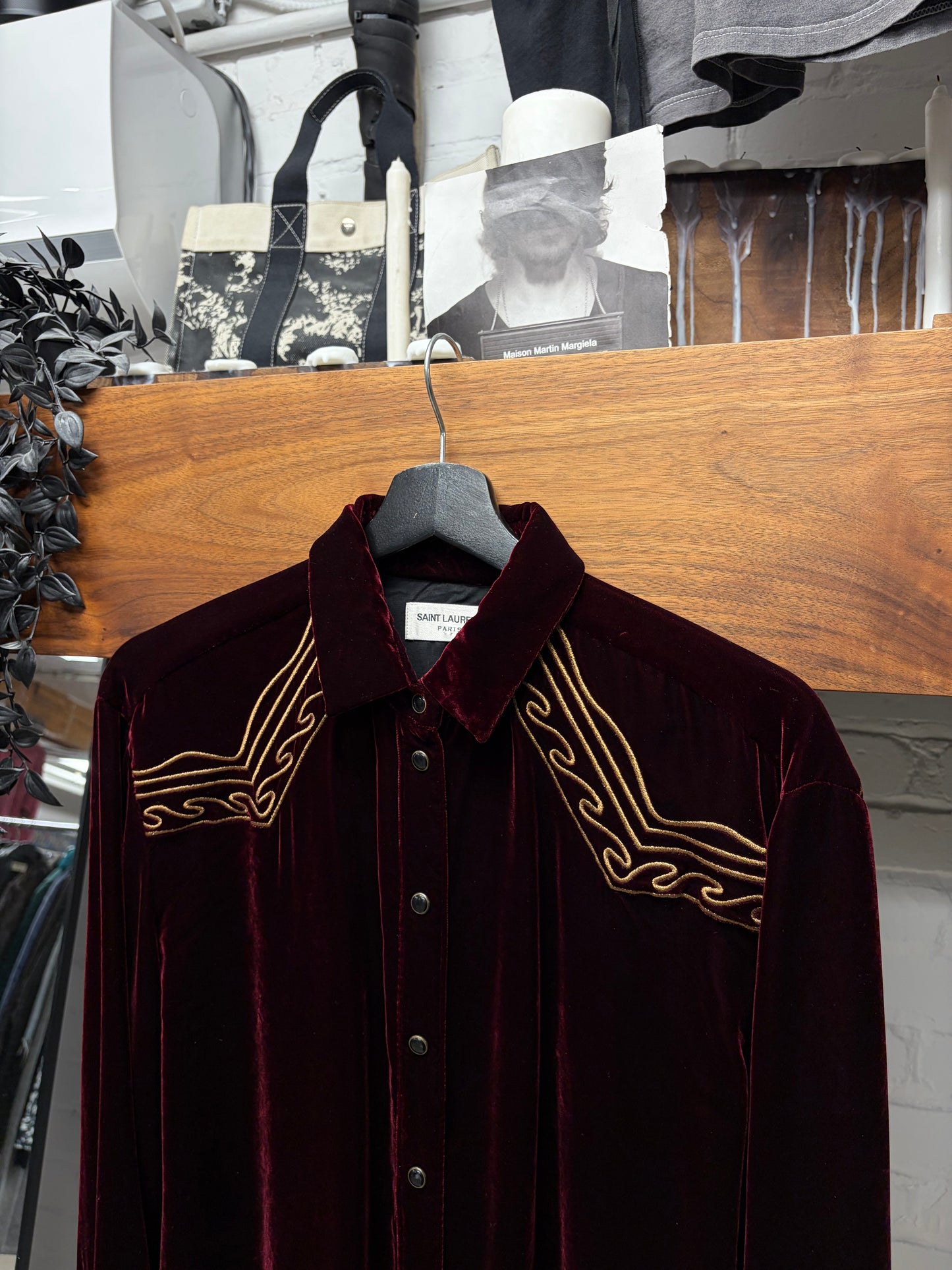 SS2020 Saint Laurent Silk/Velvet Dark Red Western Button Snap Shirt