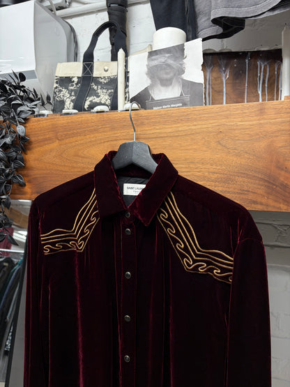 SS2020 Saint Laurent Silk/Velvet Dark Red Western Button Snap Shirt
