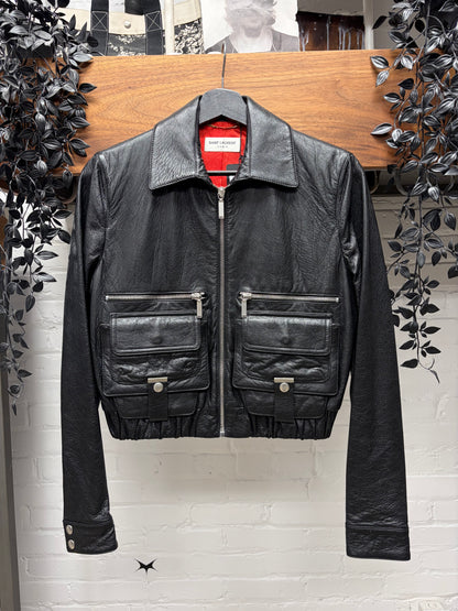 2016 Saint Laurent by Hedi Slimane Black Calfskin Leather Cropped Cargo Jacket