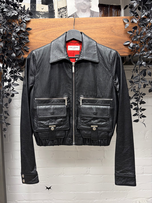 2016 Saint Laurent by Hedi Slimane Black Calfskin Leather Cropped Cargo Jacket