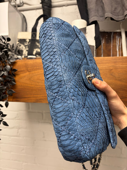 Chanel Blue Python Leather Classic ‘Flap Bag’ with Silver Hardware