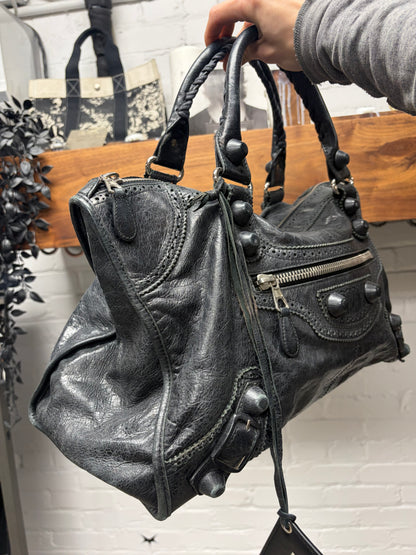 Balenciaga ‘Brogue’ Black Perforated Leather Classic ‘City Bag’ with Silver Hardware