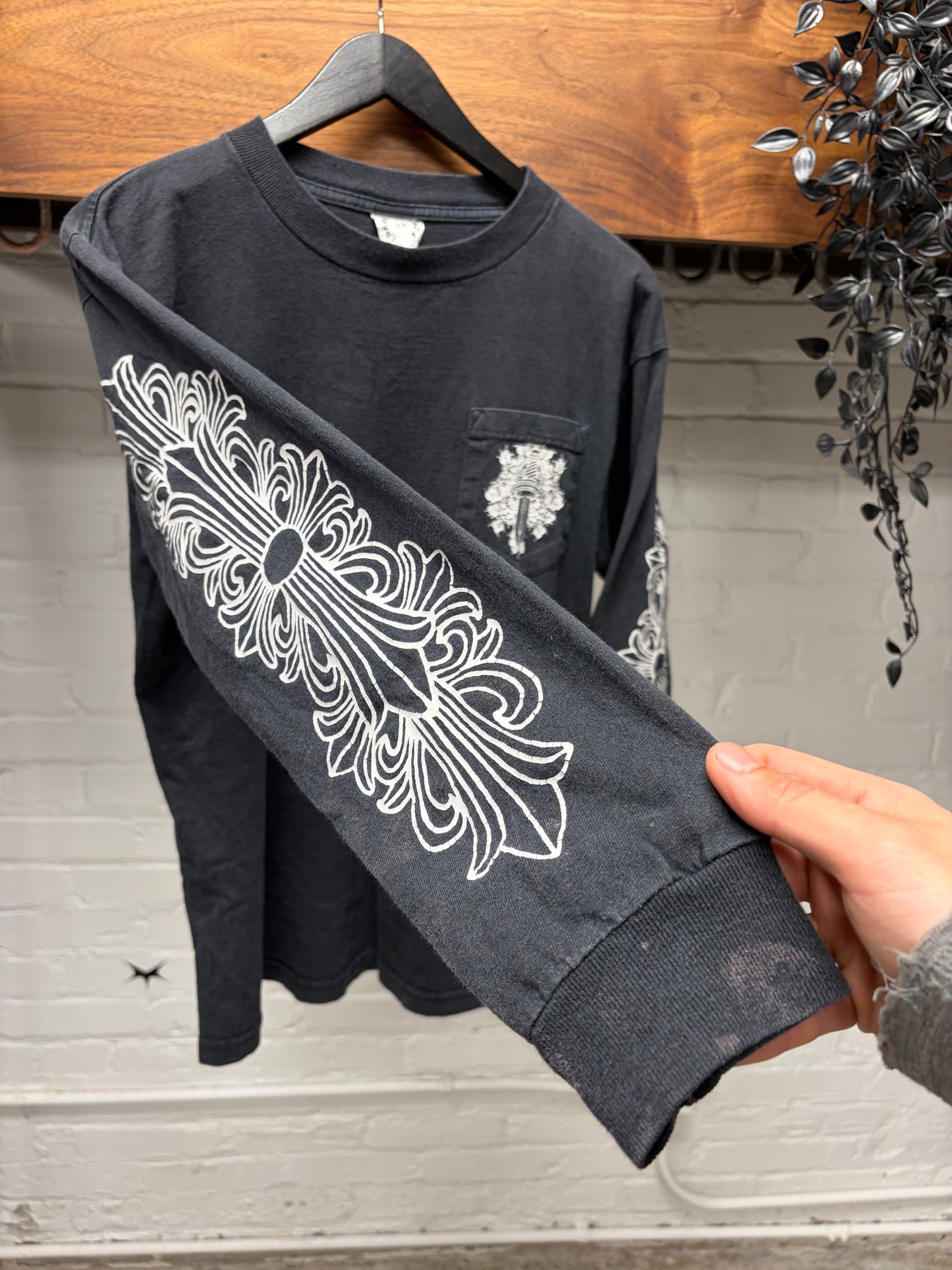 Vintage 90s Chrome Hearts Faded Black Floral/Dagger Logo Long Sleeve Shirt