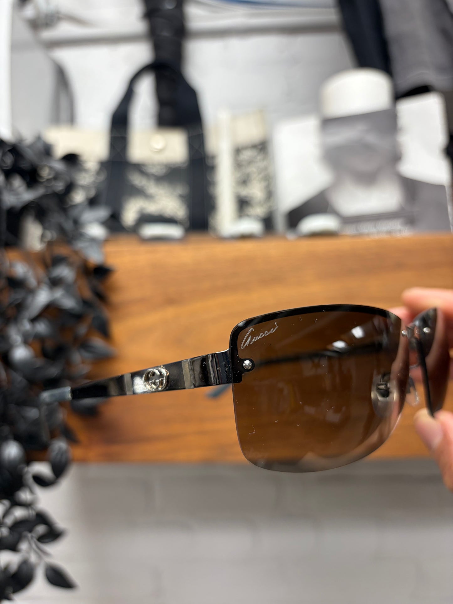 Gucci Brown Tinted/Silver Frame Rimless Sunglasses