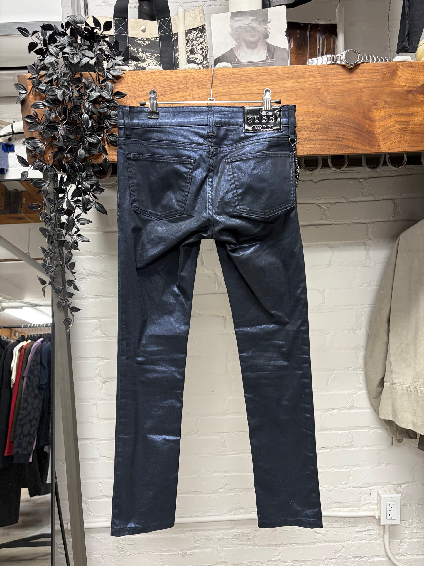 Vintage Gucci by Frida Giannini Waxed Black Pants With Wallet Chain Attachment