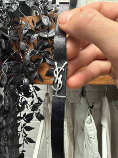 Saint Laurent Black Leather/Silver ‘YSL Logo’ Magnetic Clasp Bracelet