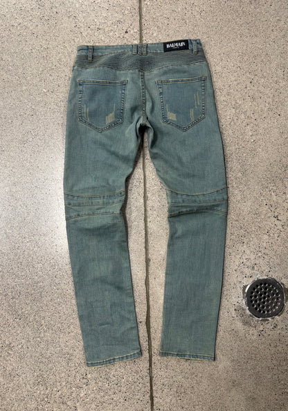 Balmain Light Wash Blue Biker Denim