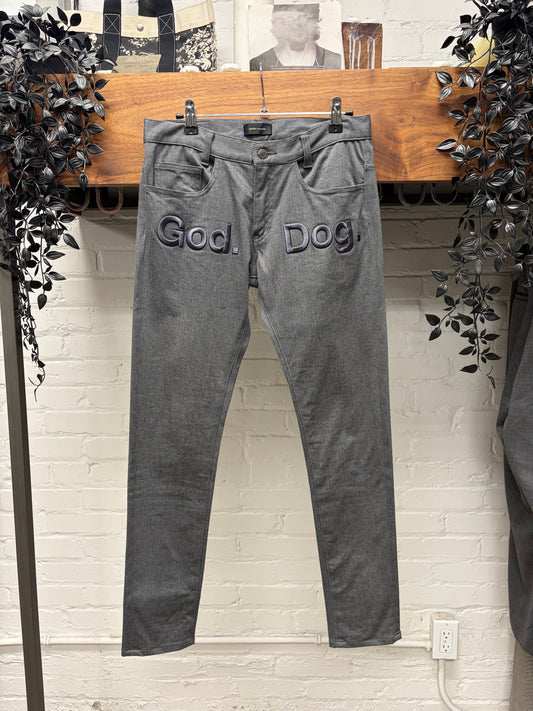 SS2014 Undercover ‘God Dog’ Embroidered Text Grey Skinny Jeans