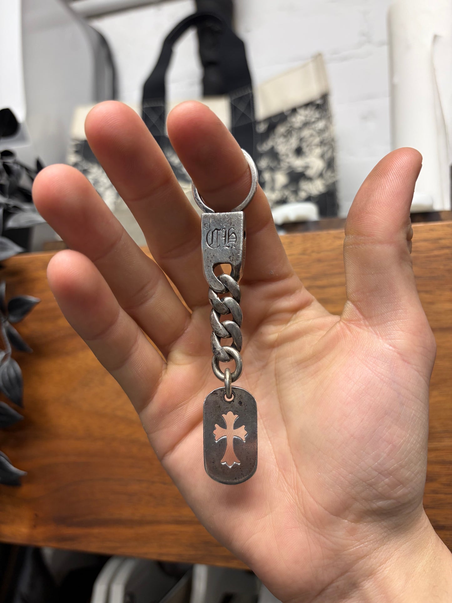Vintage Chrome Hearts ‘Cross Cutout’ New 925 Silver Dogtag Keychain