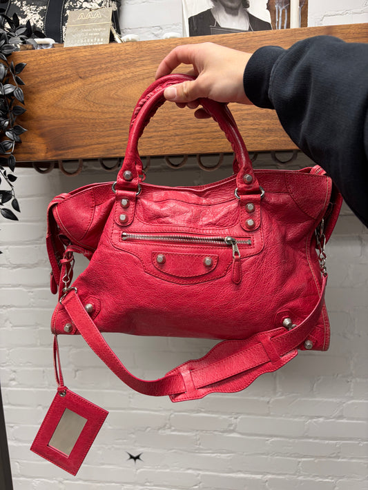 Balenciaga Crimson Red ‘City Bag’ Silver Hardware With Shoulder Strap