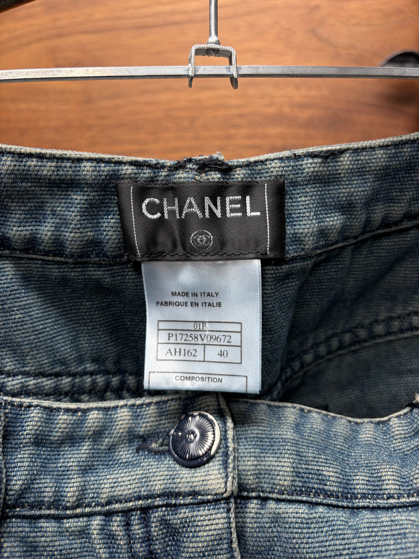 SS2001 Chanel Rhinestone Logo Flared Leg Denim