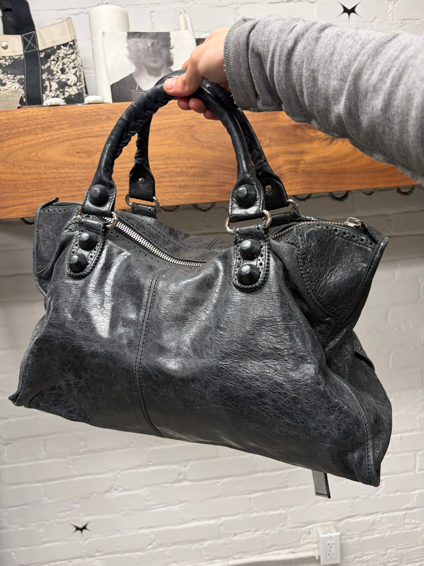 Balenciaga ‘Brogue’ Black Perforated Leather Classic ‘City Bag’ with Silver Hardware