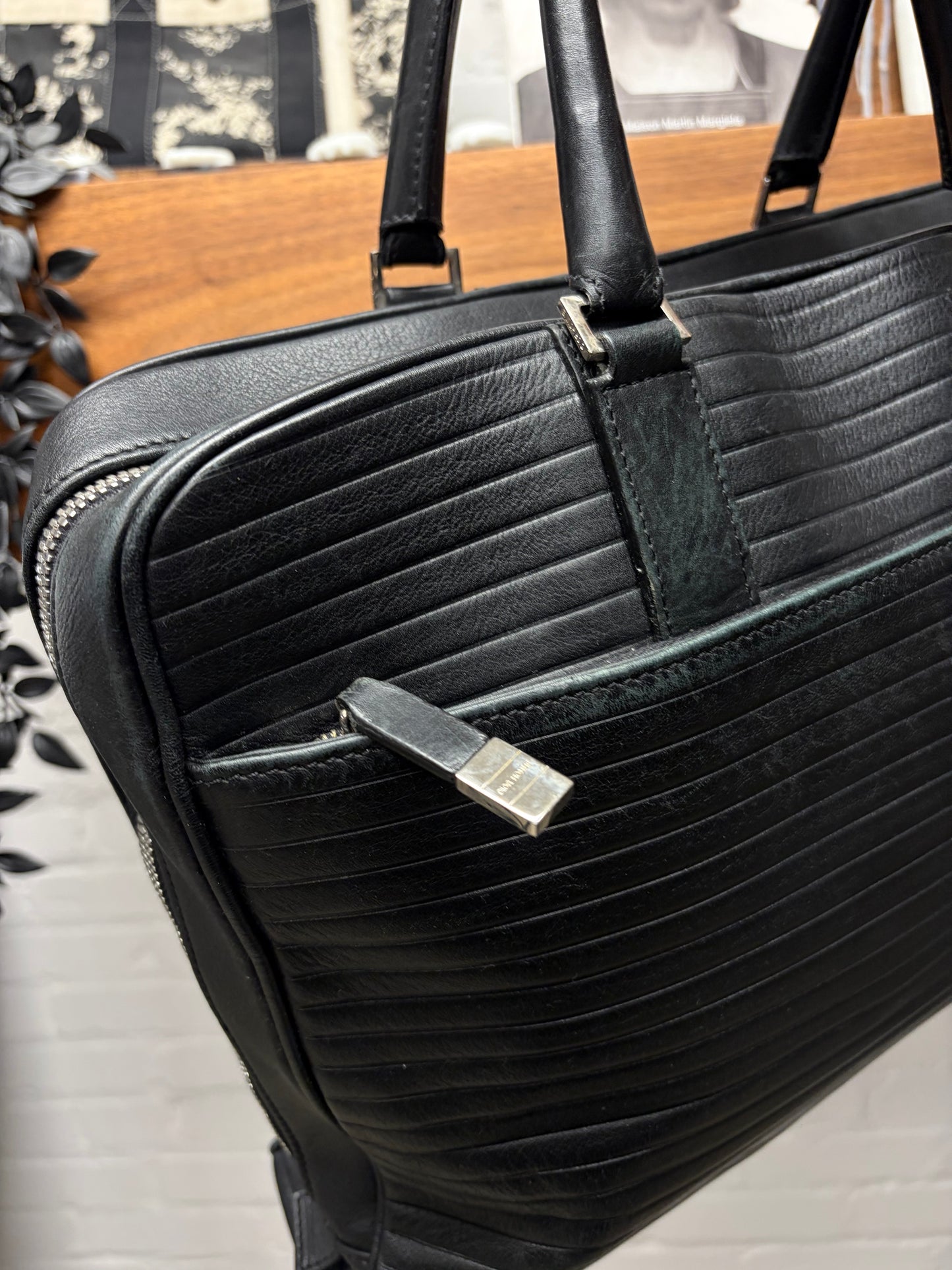 Dior Homme Pleated Black Lambskin Leather Top Handle ‘Business’ Bag