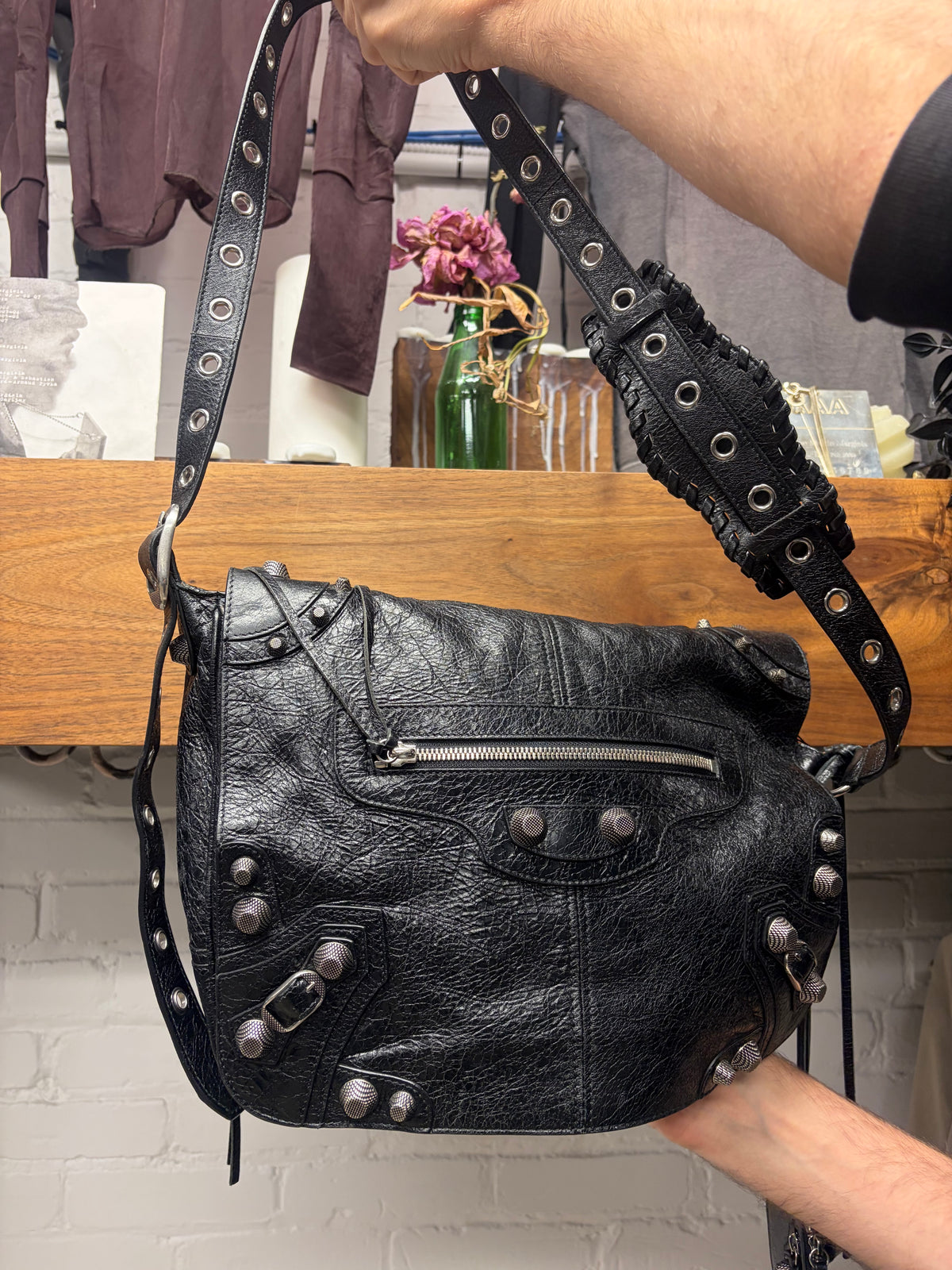 Balenciaga 'Le Cagole' Pierced Black Leather Crossbody Messenger Bag