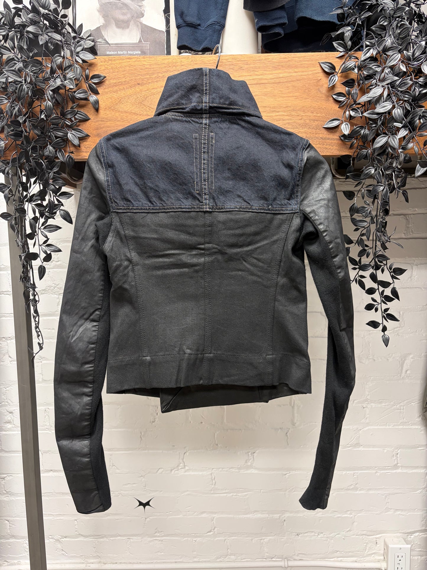 SS2016 Rick Owens ‘Cyclops’ Leather/Raw Denim High Neck Jacket
