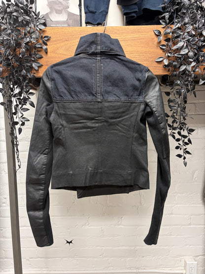 SS2016 Rick Owens ‘Cyclops’ Leather/Raw Denim High Neck Jacket