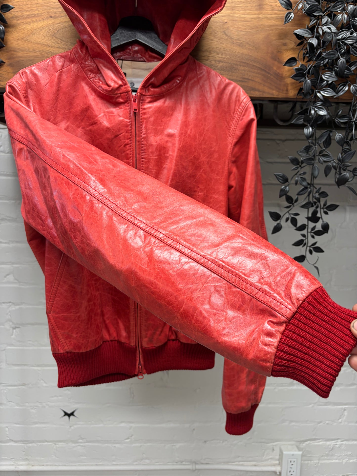 Y-3 by Yohji Yamamoto Glossy Red Calfskin Leather Zip-Up Hoodie
