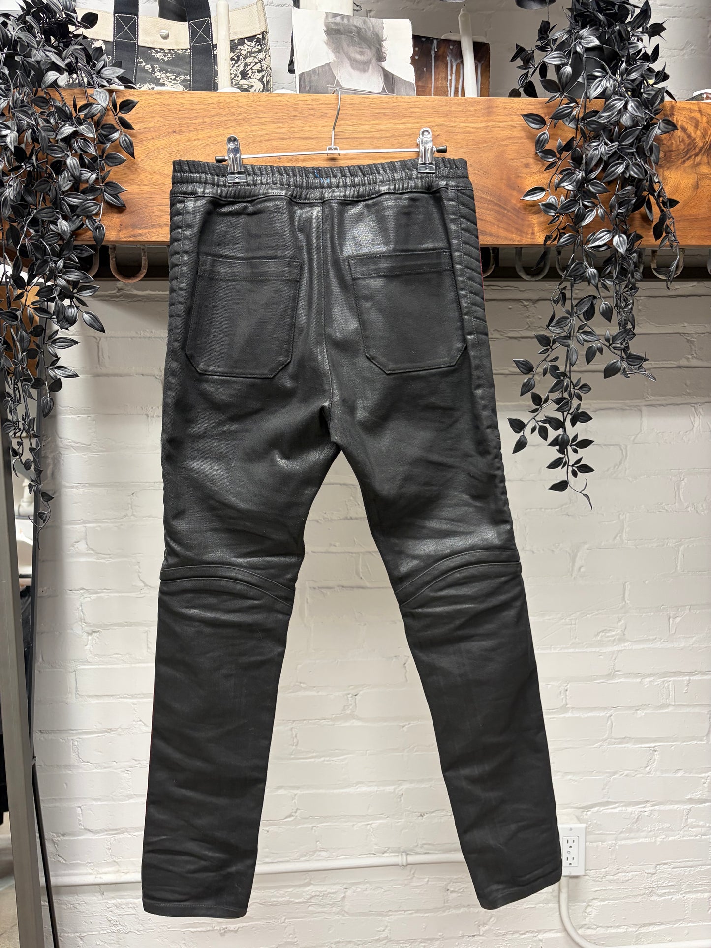 Balmain Waxed Black ‘Velour Stripe’ Biker Knee Skinny Jeans