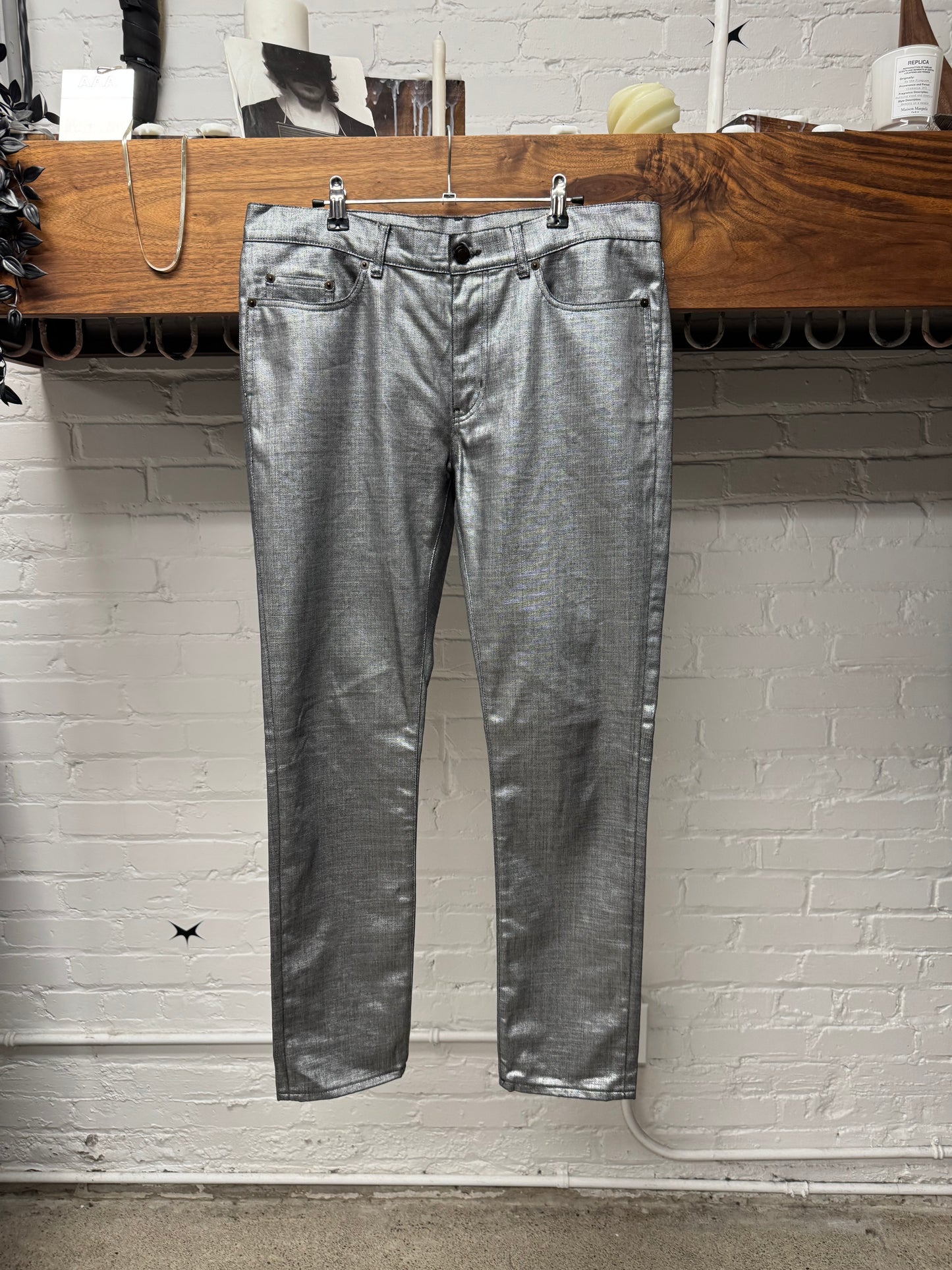 2018 Saint Laurent Silver Waxed ‘D02’ Skinny Denim