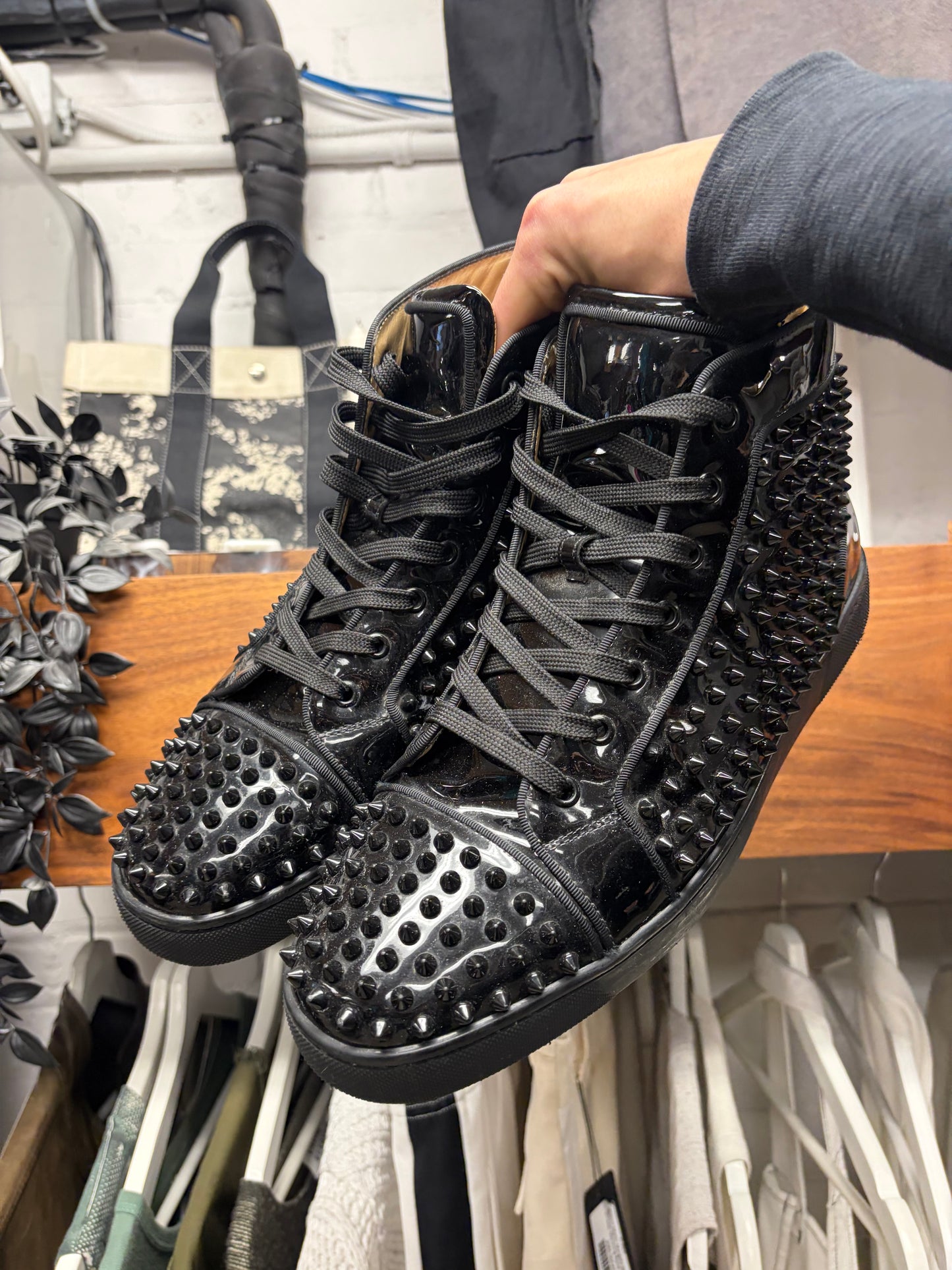 Christian Louboutin ‘Louis Spikes’ Black Patent Leather Red Bottom Sneakers