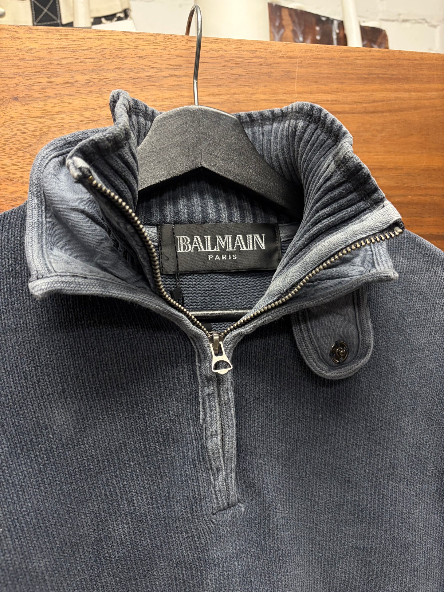 Balmain Quarter Zip ‘Double Layered Collar’ Ribbed Knit Sweater