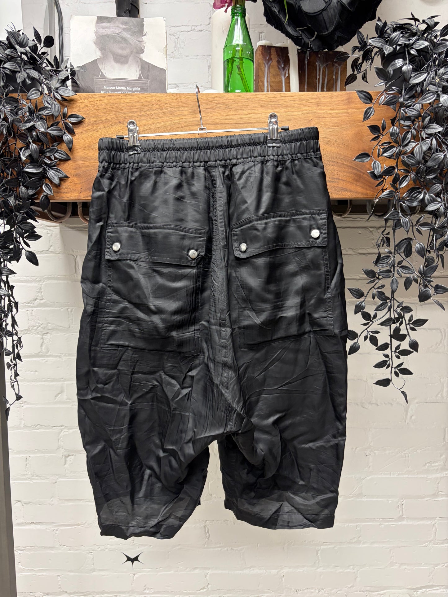 Rick Owens Black ‘Bela’ Black Cupro Drop Crotch Shorts